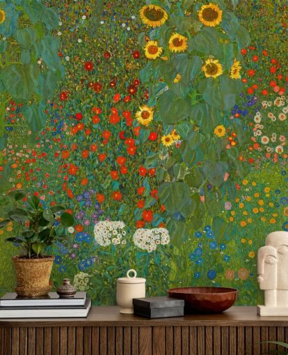 konsttapet väggmålning kallad Farm Garden with Solrosor av Gustav Klimt för sovrum, kök och lounger