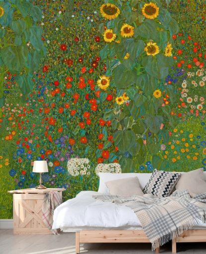 mural de papel de parede de belas artes chamado Farm Garden with Sunflowers de Gustav Klimt para quartos, cozinhas e salões