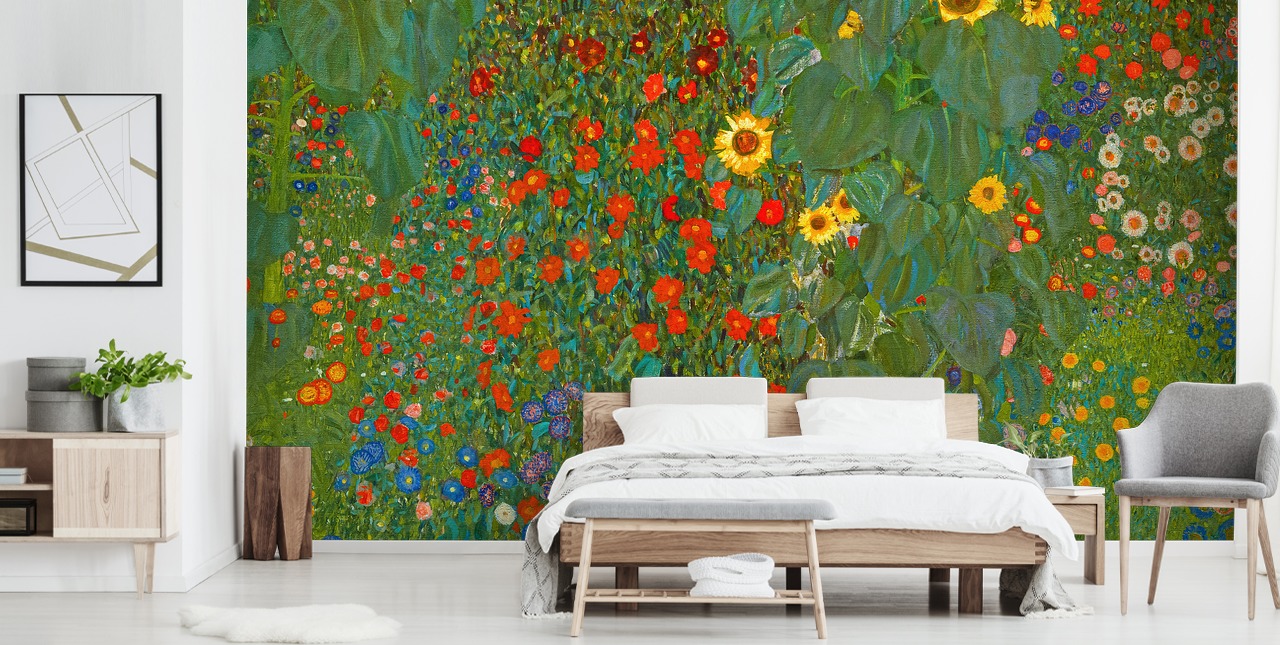 mural de papel pintado de bellas artes llamado Farm Garden with Sunflowers de Gustav Klimt para dormitorios, cocinas y salones