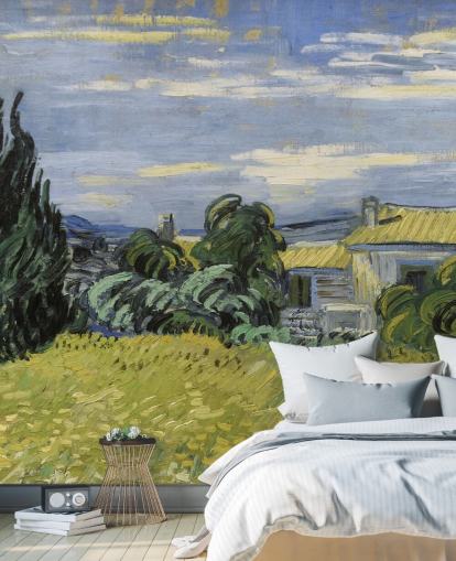 fine art wallpaper mural called Landscape with Green Corn by Vincent van Gogh for bedrooms, living rooms and home offices