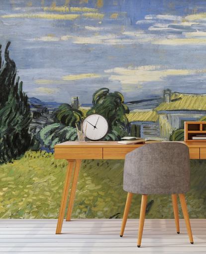 mural de papel de parede de belas artes chamado Landscape with Green Corn de Vincent van Gogh para quartos, salas de estar e escritórios domésticos mural de papel de parede de belas artes chamado Landscape with Green Corn de Vincent van Gogh para quartos, salas de estar e escritórios domésticos