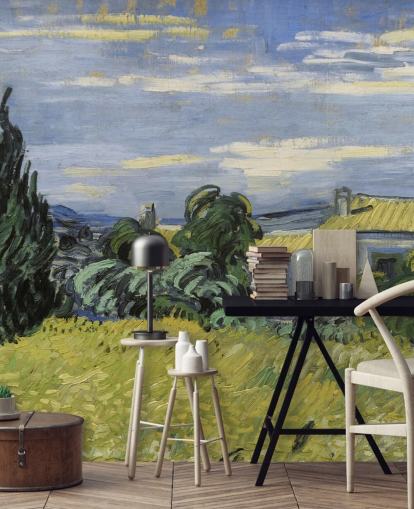 fine art wallpaper mural called Landscape with Green Corn by Vincent van Gogh for bedrooms, living rooms and home offices