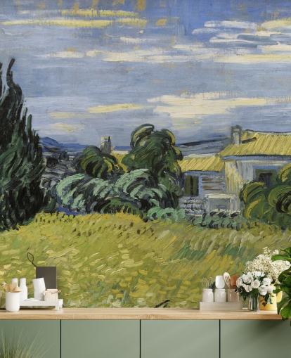 mural de papel pintado de bellas artes llamado Paisaje con maíz verde de Vincent van Gogh para dormitorios, salas de estar y oficinas en casa mural de papel pintado de bellas artes llamado Paisaje con maíz verde de Vincent van Gogh para dormitorios, salas de estar y oficinas en casa
