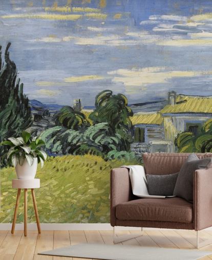mural de papel pintado de bellas artes llamado Paisaje con maíz verde de Vincent van Gogh para dormitorios, salas de estar y oficinas en casa