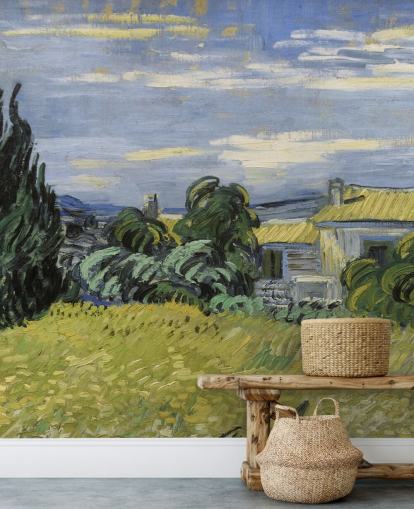 mural de papel pintado de bellas artes llamado Paisaje con maíz verde de Vincent van Gogh para dormitorios, salas de estar y oficinas en casa mural de papel pintado de bellas artes llamado Paisaje con maíz verde de Vincent van Gogh para dormitorios, salas de estar y oficinas en casa