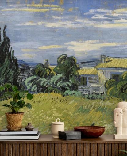 fine art wallpaper mural called Landscape with Green Corn by Vincent van Gogh for bedrooms, living rooms and home offices