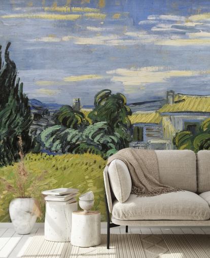 fine art wallpaper mural called Landscape with Green Corn by Vincent van Gogh for bedrooms, living rooms and home offices