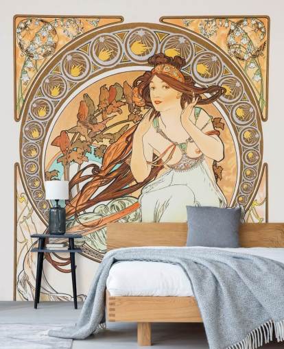 fine art behangmuurschildering genaamd La Musica van Alphonse Mucha voor woon- en slaapkamers