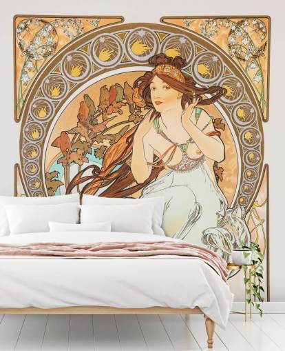 mural de papel de parede de belas artes chamado La Musica de Alphonse Mucha para salas de estar e quartos mural de papel de parede de belas artes chamado La Musica de Alphonse Mucha para salas de estar e quartos