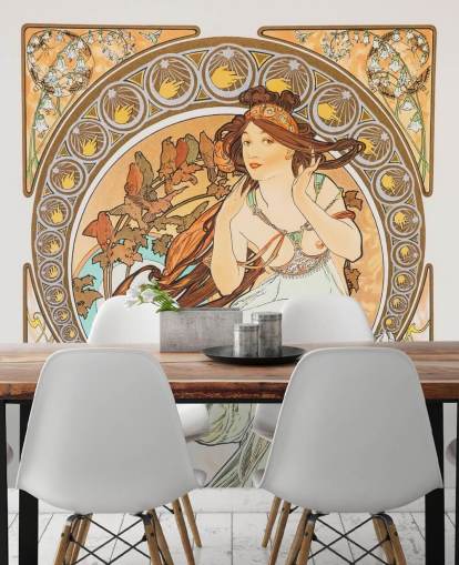 mural de papel pintado de bellas artes llamado La Música de Alphonse Mucha para salas de estar y dormitorios