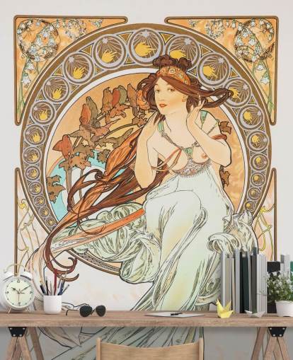fine art wallpaper mural called La Musica by Alphonse Mucha for living rooms and bedrooms