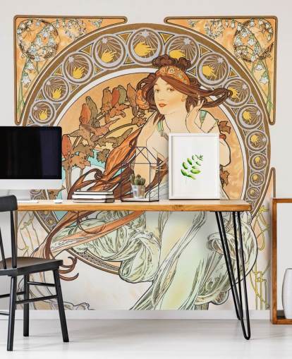 mural de papel pintado de bellas artes llamado La Música de Alphonse Mucha para salas de estar y dormitorios