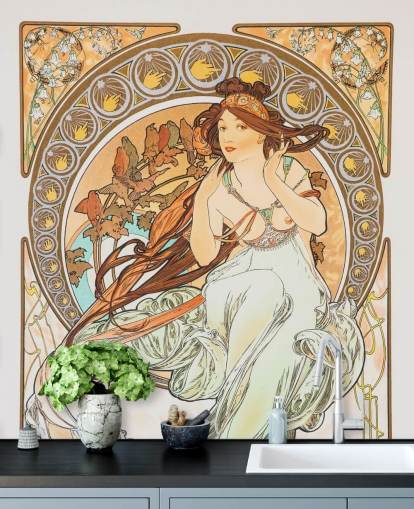 fine art wallpaper mural called La Musica by Alphonse Mucha for living rooms and bedrooms