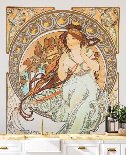 fine art wallpaper mural called La Musica by Alphonse Mucha for living rooms and bedrooms