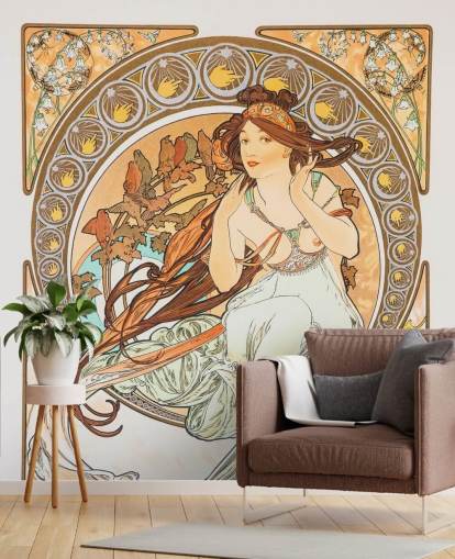 kunsttapet vægmaleri kaldet La Musica af Alphonse Mucha til stuer og soveværelser