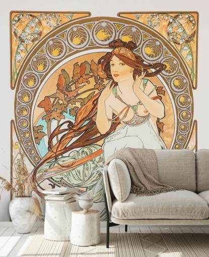 mural de papel pintado de bellas artes llamado La Música de Alphonse Mucha para salas de estar y dormitorios