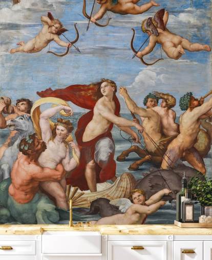 kunstbehangmuurschildering genaamd The Triumph of Galatea van Raphael voor eetkamers, kantoren en religieuze ruimtes kunstbehangmuurschildering genaamd The Triumph of Galatea van Raphael voor eetkamers, kantoren en religieuze ruimtes