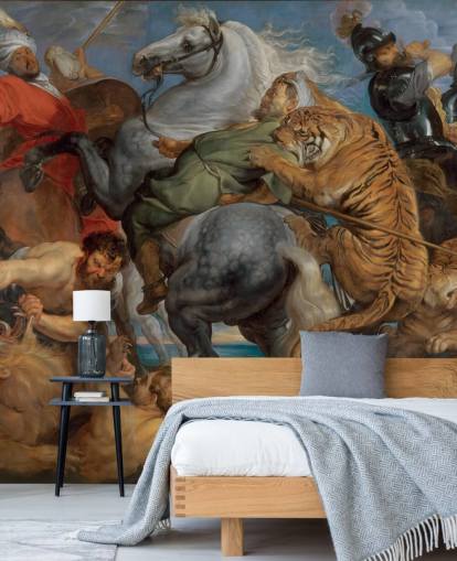fine art behangmuurschildering genaamd Tiger, Lion and Leopard Hunt van Peter Paul Rubens 
