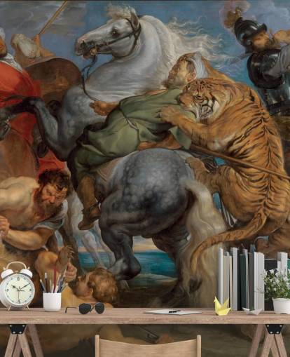 carta da parati fine art chiamata Tiger, Lion and Leopard Hunt di Peter Paul Rubens 