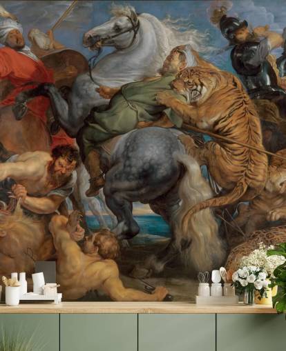 kunsttapet veggmaleri kalt Tiger, Lion and Leopard Hunt av Peter Paul Rubens 