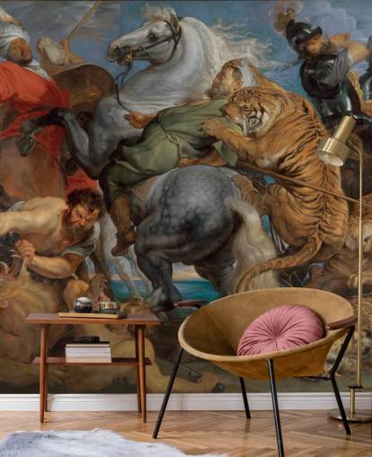 mural de papel pintado de bellas artes llamado Tiger, Lion and Leopard Hunt de Peter Paul Rubens 