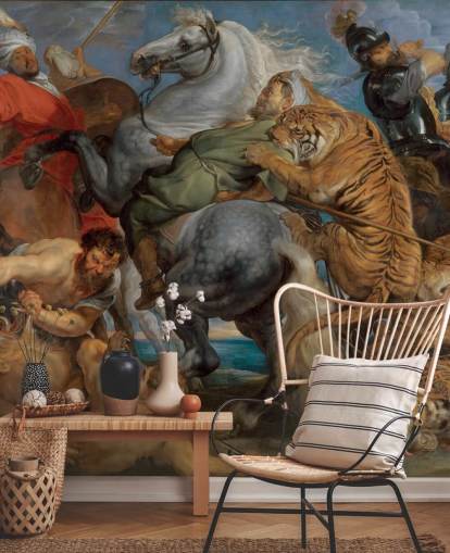 kunsttapet veggmaleri kalt Tiger, Lion and Leopard Hunt av Peter Paul Rubens 