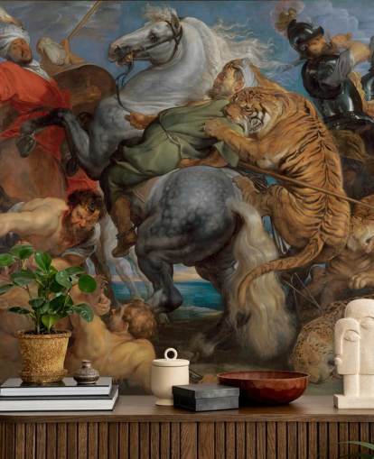 fine art wallpaper mural called Tiger, Lion and Leopard Hunt by Peter Paul Rubens 