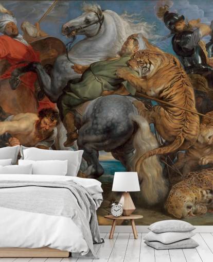 fine art wallpaper mural called Tiger, Lion and Leopard Hunt by Peter Paul Rubens 