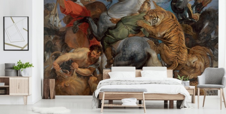 fine art behangmuurschildering genaamd Tiger, Lion and Leopard Hunt van Peter Paul Rubens 