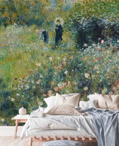 mural de pared de bellas artes llamado Mujer con sombrilla en un jardín de Pierre-Auguste Renoir para salones y dormitorios