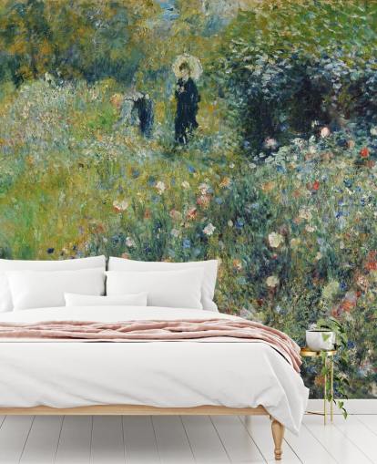 fresque murale d'art intitulée Femme avec un parasol dans un jardin de Pierre-Auguste Renoir pour les salons et les chambres