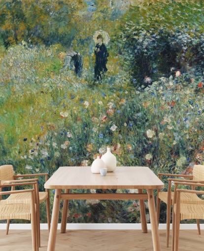 fine art wall mural called Woman with a Parasol in a Garden by Pierre-Auguste Renoir for lounges and bedrooms