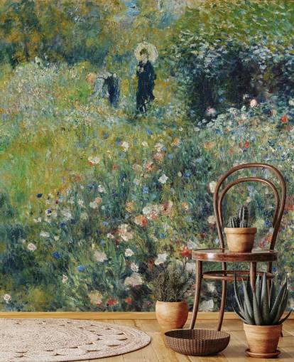fine art wall mural called Woman with a Parasol in a Garden by Pierre-Auguste Renoir for lounges and bedrooms