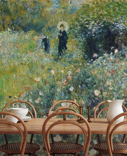 mural de pared de bellas artes llamado Mujer con sombrilla en un jardín de Pierre-Auguste Renoir para salones y dormitorios