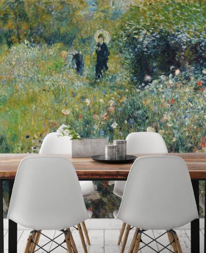 murale d'arte chiamato Donna con l'ombrellone in un giardino di Pierre-Auguste Renoir per salotti e camere da letto