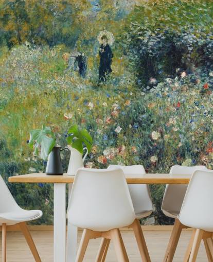 kunstmuurschildering genaamd Vrouw met een parasol in een tuin van Pierre-Auguste Renoir voor lounges en slaapkamers