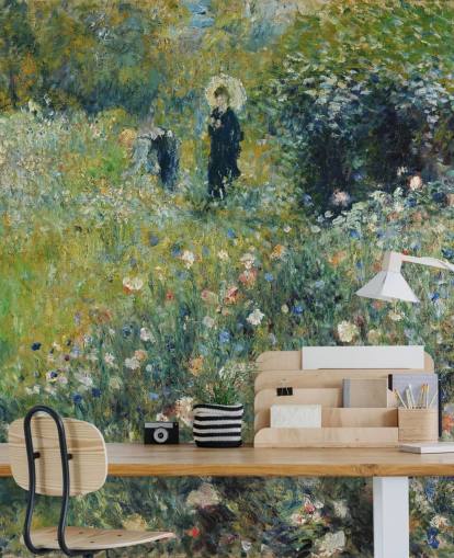 mural de parede de belas artes chamado Woman with a Parasol in a Garden, de Pierre-Auguste Renoir, para salões e quartos