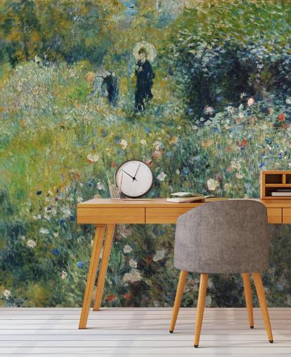 kunstmuurschildering genaamd Vrouw met een parasol in een tuin van Pierre-Auguste Renoir voor lounges en slaapkamers