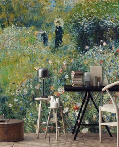 mural de pared de bellas artes llamado Mujer con sombrilla en un jardín de Pierre-Auguste Renoir para salones y dormitorios mural de pared de bellas artes llamado Mujer con sombrilla en un jardín de Pierre-Auguste Renoir para salones y dormitorios