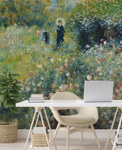 fine art wall mural called Woman with a Parasol in a Garden by Pierre-Auguste Renoir for lounges and bedrooms