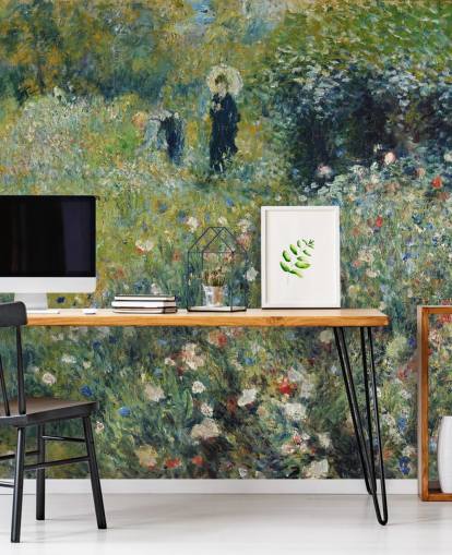 konstväggmålning som heter Kvinna med parasoll i en trädgård av Pierre-Auguste Renoir för lounger och sovrum konstväggmålning som heter Kvinna med parasoll i en trädgård av Pierre-Auguste Renoir för lounger och sovrum