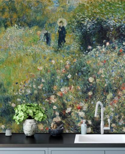 mural de pared de bellas artes llamado Mujer con sombrilla en un jardín de Pierre-Auguste Renoir para salones y dormitorios mural de pared de bellas artes llamado Mujer con sombrilla en un jardín de Pierre-Auguste Renoir para salones y dormitorios