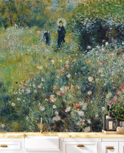fine art wall mural called Woman with a Parasol in a Garden by Pierre-Auguste Renoir for lounges and bedrooms