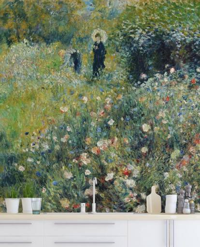 kunstmuurschildering genaamd Vrouw met een parasol in een tuin van Pierre-Auguste Renoir voor lounges en slaapkamers
