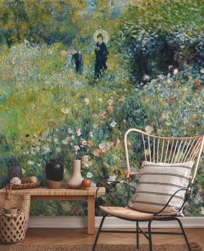 kunstveggmaleri kalt Kvinne med parasoll i en hage av Pierre-Auguste Renoir for salonger og soverom