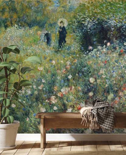 fine art wall mural called Woman with a Parasol in a Garden by Pierre-Auguste Renoir for lounges and bedrooms