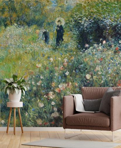 mural de pared de bellas artes llamado Mujer con sombrilla en un jardín de Pierre-Auguste Renoir para salones y dormitorios
