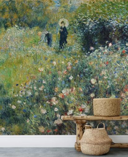 murale d'arte chiamato Donna con l'ombrellone in un giardino di Pierre-Auguste Renoir per salotti e camere da letto