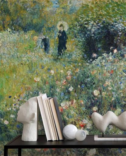 mural de pared de bellas artes llamado Mujer con sombrilla en un jardín de Pierre-Auguste Renoir para salones y dormitorios