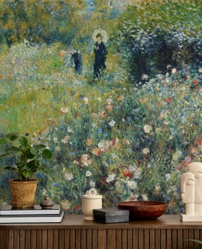 fine art wall mural called Woman with a Parasol in a Garden by Pierre-Auguste Renoir for lounges and bedrooms